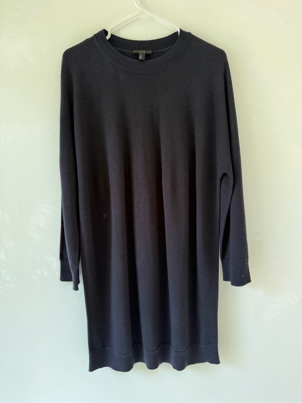 COS 100% Wool Black Sweater Dress Long Sleeve Crewneck Knit Size L